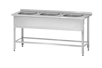 Ванна моечная цельнотянутая ВМЦн - 1500x600x860 Norma Zn, 3 м/о 400x400x250, борт, 2 отв. д/смесит., экран (ножка угловая)