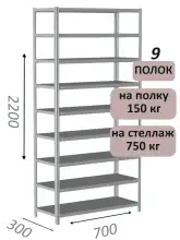 Стеллаж металлический полочный МС-750 2200х700х300, 9 полок, светло-серый